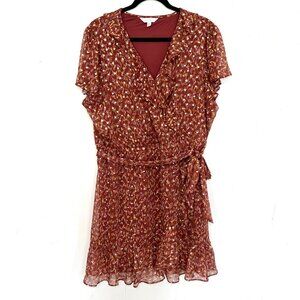LC Lauren Conrad Faux Wrap Dress Rust Floral Ruffle Gold Metallic Dot XXL